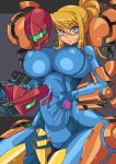  1girl arm_cannon armor blonde_hair blue_eyes bodysuit breasts covered_navel curvy erect_nipples female great_magami helmet huge_breasts metroid navel nintendo nipples ponytail power_suit samus_aran shiny shiny_skin solo sweat zero_suit 