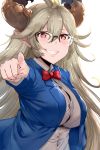  absurdres ahoge blazer blonde_hair blue_jacket blush bow breasts buttons cosplay ears_visible_through_hair edogawa_conan edogawa_conan_(cosplay) eyebrows_visible_through_hair glasses granblue_fantasy hair_between_eyes hews_hack highres horns huge_filesize jacket large_breasts long_hair looking_at_viewer meitantei_conan paid_reward patreon_reward pointing pointing_at_viewer pointy_ears red_bow red_eyes red_neckwear seiyuu_connection smile solo takayama_minami thalatha_(granblue_fantasy) white_background 