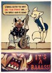  2018 aggressive_retsuko anthro canine comic digital_media_(artwork) female fennec fenneko fox fox-pop fur guitar haida hyena male mammal musical_instrument sanrio simple_background text 