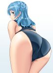  ass bent_over blue_eyes blue_hair competition_swimsuit double_bun highres kantai_collection looking_at_viewer looking_back medium_hair one-piece_swimsuit patsu_ya smile swimsuit trefoil urakaze_(kantai_collection) white_background 