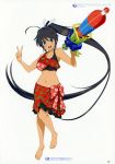  = absurdres bangs bare_arms bare_shoulders barefoot black_hair breasts collarbone floral_print full_body green_eyes highres holding homura_(senran_kagura) large_breasts long_hair looking_at_viewer navel official_art open_mouth page_number ponytail sarong scan senran_kagura senran_kagura_peach_beach_splash simple_background smile solo standing swimsuit tan tanline translation_request v water_gun white_background yaegashi_nan 