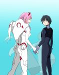  1girl arisato_ryuu asymmetrical_horns black_bodysuit black_hair blue_eyes bodysuit breasts closed_eyes commentary_request couple crying darling_in_the_franxx gloves grey_gloves highres hiro_(darling_in_the_franxx) holding horns large_breasts long_hair looking_at_another oni_horns pink_hair red_bodysuit red_horns spoilers white_bodysuit white_gloves zero_two_(darling_in_the_franxx) 