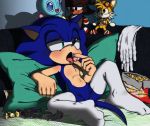  2018 anthro candy chao clothing eating featureless_crotch food gloves green_eyes half-closed_eyes hedgehog hi_res lazy legwear male mammal miles_prower photo pillow shadow_the_hedgehog sofa sonic_(series) sonic_the_hedgehog speedymcchain toy video_games 