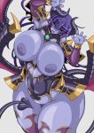  1girl against_glass ahoge areolae armor astaroth_(shinrabanshou) bare_shoulders black_sclera blue_hair blue_skin breasts covered_navel curvy demon_girl earrings female great_magami highres horns huge_breasts jewelry legs leotard long_hair looking_at_viewer moaning nipples no_bra open_mouth pointy_ears shinrabanshou shiny shiny_skin solo succubus sweat tail tears thighhighs thighs wings yellow_eyes 