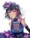  arm_belt bang_dream! bangs black_gloves bow breasts cleavage collar corset dress elbow_gloves feathers flower frilled_collar frills gloves hair_bow jewelry looking_at_viewer mitake_ran multicolored_hair nennen pink_eyes pink_flower pink_rose purple_bow red_hair rose short_hair solo sparkle streaked_hair upper_body white_background 