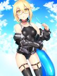  :o artoria_pendragon_(all) ass_visible_through_thighs black_legwear blonde_hair blue_innertube blue_sky breasts cloud cloudy_sky commentary_request competition_swimsuit cowboy_shot day fate/grand_order fate_(series) food garters glasses highres innertube jacket kano_(kanokano44) looking_at_viewer mysterious_heroine_x_(alter) off_shoulder one-piece_swimsuit popsicle sky small_breasts solo swimsuit thighhighs track_jacket twitter_username wet yellow_eyes 