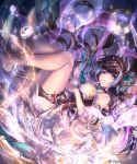  barefoot black_hair breasts detached_sleeves finger_to_mouth floating_hair index_finger_raised irua looking_at_viewer medium_breasts multicolored_hair shingeki_no_bahamut silver_hair solo thigh_strap two-tone_hair yellow_eyes 