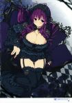  absurdres bangs black_dress black_legwear black_panties blush bow bowtie breasts checkered checkered_floor cleavage closed_mouth couch detached_sleeves dress fingernails flower frills garter_straps headdress highres huge_filesize large_breasts long_hair long_sleeves murasaki_(senran_kagura) official_art page_number panties purple_eyes purple_hair scan senran_kagura senran_kagura_peach_beach_splash sitting skirt skirt_removed solo underwear yaegashi_nan 