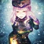  adjusting_eyewear belt blue_background commentary_request fangs fate/grand_order fate_(series) fur-trimmed_sleeves fur_trim glasses gloves hat heart koyanskaya lantern military_hat pink_hair shoulder_pads signature smile snow winter_clothes winter_uniform yellow_eyes yokaranu_yuuna 