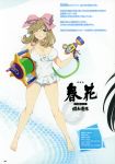  absurdres bangs bare_arms bare_legs bare_shoulders barefoot blonde_hair blush bow breasts casual_one-piece_swimsuit cleavage frilled_swimsuit frills green_eyes hair_bow haruka_(senran_kagura) highres holding hose large_breasts long_hair looking_at_viewer official_art one-piece_swimsuit one_eye_closed parted_lips scan senran_kagura senran_kagura_peach_beach_splash shiny shiny_skin simple_background smile solo swimsuit water_gun white_swimsuit yaegashi_nan 