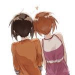  brown_hair commentary from_behind girls_und_panzer leaning_on_person leaning_to_the_side multiple_girls nishizumi_maho nishizumi_miho orange_shirt pink_shirt shirt short_hair siblings simple_background sisters star tank_top upper_body white_background younger yuuyu_(777) 