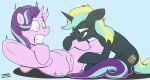  2016 anus clenched_teeth duo electricity electro_current_(oc) electrostimulation equine fan_character female female/female feral friendship_is_magic grin hair holding_leg horn lying mammal multicolored_hair my_little_pony on_back pussy smile spread_legs spreading starlight_glimmer_(mlp) strangerdanger teeth underhoof unicorn wide_eyed yellow_eyes 