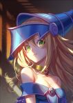  bare_shoulders blonde_hair blush_stickers breasts choker cleavage commentary_request dark_magician_girl duel_monster green_eyes hat large_breasts long_hair pentacle siaoyu solo wizard_hat yuu-gi-ou 