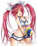  ball bangs beachball bikini bikini_shorts breasts cleavage collarbone cowboy_shot date_a_live eyebrows_visible_through_hair eyewear_on_head floating_hair groin hair_between_eyes hair_ribbon head_tilt hibiki_mio itsuka_kotori long_hair navel polka_dot red_eyes red_hair ribbon shorts simple_background small_breasts solo standing sunglasses sweat swimsuit very_long_hair white_background white_bikini white_ribbon wrist_cuffs 