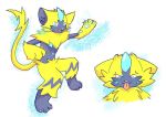  4_fingers ambiguous_gender black_fur blue_eyes blue_fur claws ear_tuft fur kitfloof looking_at_viewer multicolored_fur nintendo open_mouth pok&eacute;mon pok&eacute;mon_(species) simple_background solo tuft video_games yellow_fur yellow_tail zeraora 