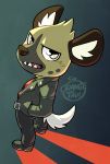  aggressive_retsuko boots clothed clothing ear_tuft footwear fur haida hyena looking_at_viewer looking_back male mammal open_mouth orangetavi sanrio simple_background teeth tuft 