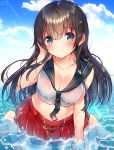  agano_(kantai_collection) anchor_symbol arm_up bangs black_neckwear black_sailor_collar blue_eyes blue_sky blush breasts cleavage closed_mouth cloud cloudy_sky collarbone commentary_request crop_top day eyebrows_visible_through_hair fingernails groin hair_between_eyes hand_in_hair ichihaya in_water kantai_collection large_breasts long_hair midriff ocean outdoors pleated_skirt red_skirt sailor_collar school_uniform serafuku shirt sitting skirt sky sleeveless sleeveless_shirt smile solo very_long_hair wariza wet wet_hair white_shirt 