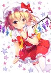  ascot blonde_hair bow crystal flandre_scarlet frilled_shirt_collar frills hat hat_ribbon jan_(janpx2012) medium_hair mob_cap puffy_short_sleeves puffy_sleeves red_bow red_eyes red_ribbon red_skirt red_vest ribbon shirt short_hair short_sleeves side_ponytail skirt smile solo star starry_background thighhighs touhou vest white_legwear white_shirt wings wrist_cuffs yellow_neckwear 