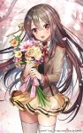  :d blush bouquet brown_hair brown_jacket cherry_blossoms choker collared_shirt copyright_request cowboy_shot flower gambe hair_between_eyes hair_ribbon highres holding holding_flower jacket long_hair long_sleeves looking_at_viewer official_art open_mouth petals pleated_skirt red_choker red_eyes ribbon shirt skirt smile solo standing thighhighs tree watermark white_legwear white_shirt wing_collar yellow_ribbon yellow_skirt 