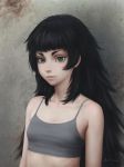  bare_shoulders black_hair bra breasts eyebrows gohpot green_eyes grey_bra hiyajou_maho lips long_hair messy_hair nose realistic signature small_breasts solo steins;gate steins;gate_0 training_bra underwear wall 