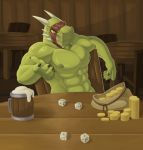  2018 ahnik alcohol argonian beverage chair claws coin dice gold_(metal) gold_coin green_nipples green_scales horn inside licking licking_lips looking_at_viewer male muscular nipples nude pecs reptile scales scalie sitting solo table the_elder_scrolls tongue tongue_out video_games yellow_sclera 