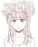  bangs bare_shoulders blush breasts cleavage collarbone diane_(nanatsu_no_taizai) flower_wreath greyscale harumiya head_wreath long_hair looking_at_viewer monochrome nanatsu_no_taizai sketch smile upper_body 