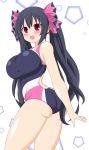  1girl alternate_costume ass bare_shoulders black_hair blush breasts choujigen_game_neptune compile_heart hair_bow idea_factory large_breasts long_hair looking_at_viewer neptune_(series) noire one-piece_swimsuit open_mouth red_eyes shiny shiny_clothes shiny_skin smile solo swimsuit twintails very_long_hair ym11 