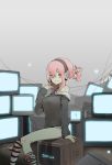  breasts character_name commentary ctr doremi electric_socket feet_out_of_frame grey_hoodie headphones highres hood hoodie knees_together_feet_apart large_breasts long_sleeves looking_at_viewer nitroplus off_shoulder pink_eyes pink_hair pink_legwear ponytail sidelocks sitting smile solo super_sonico television thighhighs thighhighs_pull 