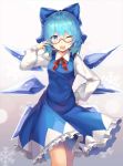  ;o bespectacled blue_bow blue_dress blue_eyes blue_hair blue_wings blush bow breasts cirno commentary_request dress eyebrows_visible_through_hair feet_out_of_frame glasses gradient gradient_background grey_background hair_between_eyes hair_bow hand_on_hip highres ice ice_wings long_sleeves looking_at_viewer medium_breasts neck_ribbon one_eye_closed open_mouth petticoat red-framed_eyewear red_neckwear red_ribbon ribbon rin_falcon shirt short_hair snowflakes solo standing touhou white_background white_shirt wing_collar wings 