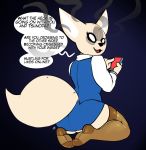  2018 aggressive_retsuko anthro arnachy canine clothed clothing dialogue digital_media_(artwork) english_text female fennec fenneko fox hi_res holding_object holding_phone kneeling legwear looking_at_viewer looking_back mammal open_mouth phone sanrio solo text 