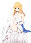  :o adjusting_clothes adjusting_legwear ahoge alternate_costume alternate_hairstyle artoria_pendragon_(all) bad_id bad_pixiv_id bangs bare_arms bare_shoulders blonde_hair blush breasts choker cleavage dress eyebrows_visible_through_hair fate/stay_night fate_(series) feet_out_of_frame gloves green_eyes hair_down high_heels highres leg_up long_hair looking_at_viewer ongyageum open_mouth saber shoes simple_background sitting small_breasts solo strapless strapless_dress thighhighs white_background white_choker white_dress white_footwear white_gloves white_legwear 