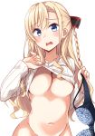  absurdres bangs black_bow blonde_hair blue_bra blue_eyes blush bottomless bow bow_bra bra bra_removed braid breasts cleavage collarbone commentary_request eyebrows_visible_through_hair groin hair_between_eyes hair_bow head_tilt high_school_fleet highres holding holding_bra kapatarou large_breasts lifted_by_self long_hair looking_at_viewer navel open_mouth out-of-frame_censoring ribbed_sweater side_braid simple_background solo sweater underboob underwear very_long_hair white_background white_sweater wilhelmina_braunschweig_ingenohl_friedeburg 