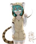  adapted_costume animal_ears animal_hood aqua_eyes blue_eyes blue_hair cat_ears cat_hood chibi chibi_inset collarbone commentary_request cowboy_shot drawstring eyebrows_visible_through_hair glowing glowing_eyes green_hair grin hair_between_eyes hand_in_pocket hood hood_up hoodie isobee kemono_friends long_sleeves lucky_beast_(kemono_friends) multiple_girls sand_cat_(kemono_friends) sand_cat_print shaded_face short_hair sleeves_past_wrists smile snake_tail striped_tail tail tsuchinoko_(kemono_friends) 