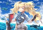  aircraft airplane bangs belt blonde_hair blue_eyes blue_shirt blue_sky blush breast_pocket breasts buckle cloud collared_shirt commentary day fatherland2009 flight_deck gambier_bay_(kantai_collection) gloves hair_between_eyes hairband hand_up headgear kantai_collection large_breasts long_hair messy_hair ocean open_mouth outdoors pocket shirt short_sleeves sidelocks sky smile solo twintails water 