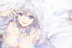  azur_lane bangs blush breasts bridal_veil character_name choker cleavage collarbone commentary_request dress earrings enterprise_(azur_lane) eyebrows_visible_through_hair floating_hair hair_between_eyes hand_up jewelry large_breasts light_particles long_hair looking_at_viewer nagu necklace open_mouth pendant purple_eyes sidelocks silver_hair smile solo sparkle veil very_long_hair wedding_dress white_dress 