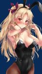  alternate_costume animal_ears bangs bare_arms bare_shoulders black_hairband black_leotard black_nails blonde_hair blue_background blush breasts brown_legwear bunny_ears bunnysuit closed_mouth collarbone ereshkigal_(fate/grand_order) eyebrows_visible_through_hair fake_animal_ears fate/grand_order fate_(series) fingernails hair_ribbon hairband head_tilt highres infinity leotard long_hair looking_at_viewer marisasu_(marisa0904) medium_breasts nail_polish pantyhose parted_bangs purple_ribbon red_eyes ribbon simple_background solo standing strapless strapless_leotard two_side_up v-shaped_eyebrows very_long_hair 