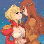  ahoge bangs blonde_hair blue_neckwear bow bowtie braid breasts brown_eyes brown_hair bubble cleavage closed_mouth epaulettes eye_contact eyebrows eyebrows_visible_through_hair facing_another fate/extra fate_(series) french_braid green_eyes hair_between_eyes hair_bun hair_intakes hair_ribbon holding_hands kishinami_hakuno_(female) large_breasts long_hair long_sleeves looking_at_another multiple_girls nero_claudius_(fate) nero_claudius_(fate)_(all) red_ribbon ribbon school_uniform see-through shiny shiny_hair sideways_mouth single_braid smile sunagimo_(nagimo) tsukumihara_academy_uniform_(fate/extra) turtleneck upper_body yuri 