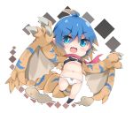  :d bangs belt belt_buckle beltbra black_belt black_legwear blue_eyes blue_hair blush bow bow_panties breasts brown_hair brown_wings buckle chibi commentary eyebrows_visible_through_hair fang full_body gradient_hair hair_between_eyes milkpanda monster_girl monster_hunter multicolored_hair navel no_shoes open_mouth panties personification pink_scarf pointy_ears scarf small_breasts smile socks solo standing standing_on_one_leg tail tigrex underwear v-shaped_eyebrows white_panties wings 