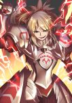  armor blonde_hair breastplate clarent commentary_request electricity fate/apocrypha fate/grand_order fate_(series) faulds gauntlets green_eyes hair_ornament hair_scrunchie highres holding holding_sword holding_weapon lightning mordred_(fate) mordred_(fate)_(all) pauldrons ponytail rahato red_scrunchie scrunchie smile sword sword_behind_back weapon 