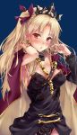 asymmetrical_sleeves bangs between_breasts black_dress black_leotard black_nails blonde_hair blue_background blush breasts cape commentary detached_collar dress earrings ereshkigal_(fate/grand_order) eyebrows_visible_through_hair fate/grand_order fate_(series) fingernails hair_ribbon hands_in_hair hands_up head_tilt highres infinity jewelry leotard long_hair looking_at_viewer marisasu_(marisa0904) medium_breasts multicolored multicolored_cape multicolored_clothes nail_polish open_mouth parted_bangs parted_lips purple_cape purple_ribbon red_eyes ribbon simple_background single_sleeve skull solo spine tiara two_side_up yellow_cape 
