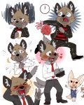  2018 5_fingers aggressive_retsuko anthro canine chang52084 clothed clothing digital_media_(artwork) eyelashes female fennec fenneko fox fur haida hyena male mammal necktie open_shirt plushie red_panda retsuko sanrio 