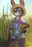  2017 antanariva anthro carrot clothing denim disney farm female food hat hi_res judy_hopps lagomorph mammal pitchfork plaid plaid_shirt rabbit solo straw_hat vegetable zootopia 