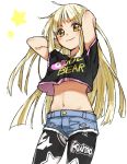  arms_up bang_dream! black_legwear black_shirt blonde_hair blush clothes_writing cowboy_shot crop_top cutoffs denim denim_shorts hands_in_hair komiya_harumoto long_hair looking_at_viewer midriff navel pantyhose pantyhose_under_shorts print_legwear shirt shorts simple_background smile solo star star_print t-shirt torn_clothes torn_shorts tsurumaki_kokoro white_background yellow_eyes 