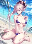  artist_name barefoot beach between_legs bikini blurry blush breasts bright_pupils cloud commentary_request day depth_of_field dutch_angle eyebrows_visible_through_hair fate/grand_order fate_(series) hand_between_legs hand_under_clothes hand_under_swimsuit katana kousaki_rui large_breasts miyamoto_musashi_(fate/grand_order) nail_polish navel outdoors planted_sword planted_weapon purple_bikini purple_eyes shadow short_ponytail side-tie_bikini single_sidelock sitting solo string_bikini swimsuit sword wariza water weapon wet 