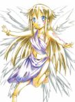  1girl angel blonde_hair blue_eyes child digimon genderswap long_hair lucemon wings 