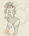  2018 absolute_territory anthro backsash bottomless clothed clothing digital_media_(artwork) eyewear female fur glasses hair legwear mammal monochrome pigeon_toed rodent simple_background sketch smile socks solo squirrel sweater tongue tongue_out 