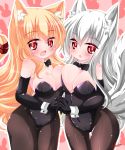  :d :o animal_ears asymmetrical_docking bangs black_bow black_gloves black_legwear black_leotard blonde_hair blush borrowed_character bow breast_press breasts cat_ears cat_girl cat_tail cleavage commentary_request detached_collar dog_ears dog_girl dog_tail elbow_gloves eyebrows_visible_through_hair fang gloves hair_between_eyes highres holding_hands interlocked_fingers kanijiru kittysuit large_breasts leotard long_hair looking_at_viewer multiple_girls open_mouth original pantyhose parted_lips pink_background red_eyes silver_hair smile strapless strapless_leotard tail tail_raised twitter_username very_long_hair white_collar 
