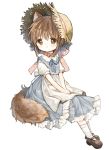  animal_ears apron bangs belt_collar blue_dress blue_neckwear blue_ribbon brown_eyes brown_footwear brown_hair child closed_mouth collar dress goshujin-sama_to_kemonomimi_no_shoujo_meru hair_ribbon hat invisible_chair itou_hachi legs_together looking_at_viewer mary_janes mel_(goshujin-sama_to_kemonomimi_no_shoujo_meru) neck_ribbon pink_ribbon puffy_short_sleeves puffy_sleeves ribbon shoes short_hair short_sleeves simple_background sitting smile socks straw_hat tail waist_apron white_apron white_background white_legwear 