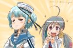  2girls ahoge aqua_neckwear black_ribbon blue_hair blue_sailor_collar bow bowtie closed_eyes commentary_request dated dixie_cup_hat double_bun grey_eyes grey_hair hair_between_eyes hair_bow halterneck hands_clasped hat hat_ribbon kantai_collection kiyoshimo_(kantai_collection) long_hair long_sleeves low_twintails maira_gen military_hat multiple_girls neckerchief open_mouth own_hands_together ribbon sailor_collar samuel_b._roberts_(kantai_collection) school_uniform serafuku shirt short_hair sleeve_cuffs smug twintails twitter_username upper_body very_long_hair white_hat white_shirt yellow_background yellow_bow 