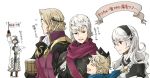  bird blonde_hair blush closed_eyes feh_(fire_emblem_heroes) fire_emblem fire_emblem_heroes fire_emblem_if gloves grey_hair kanna_(fire_emblem_if) kanna_(male)_(fire_emblem_if) long_hair mamkute marks_(fire_emblem_if) my_unit_(fire_emblem_if) open_mouth pointy_ears red_eyes robaco short_hair siegbert_(fire_emblem_if) simple_background smile summoner_(fire_emblem_heroes) translation_request white_hair 